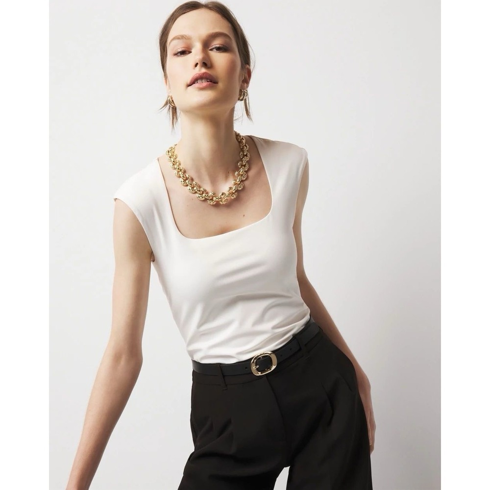 WHBM‎ Forme Square Neck Cap Sleeve Top Large White All Ways Stretch Casual NWT